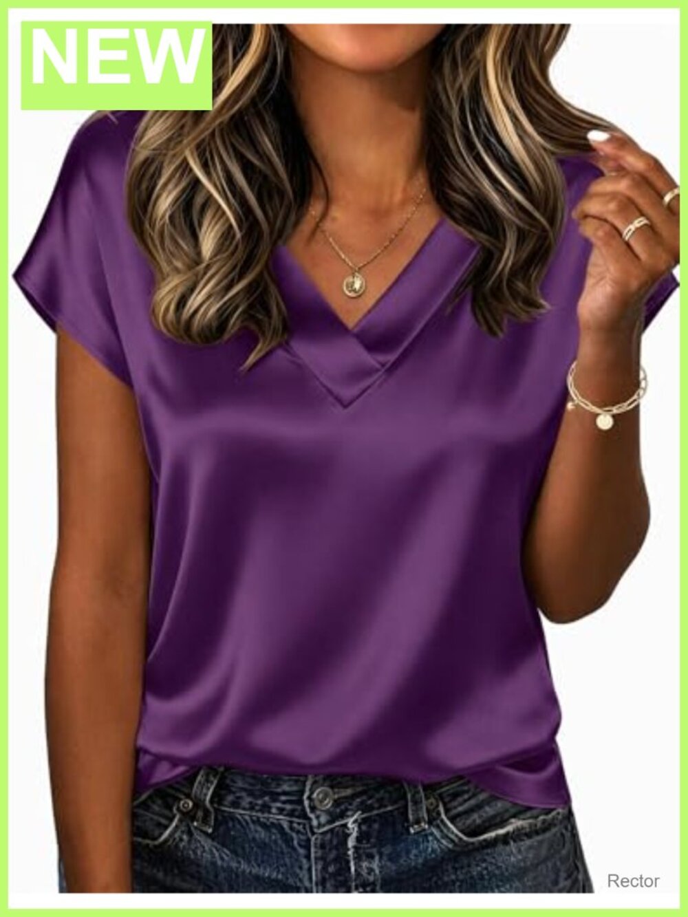 Women's Satin V-Neck Short Sleeve Blouse Business Casual Top